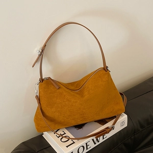 Vintage caramel suede shoulder bag with adjustable strap and large capacity for daily commute