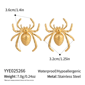 Detailed view of gold spider earrings in stainless steel with size and weight specs