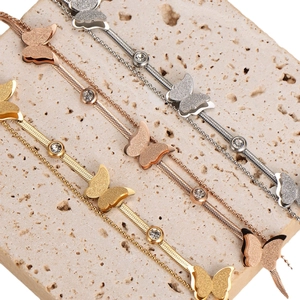 Minimalist double-layer butterfly bracelet in gold, silver, and rose gold finishes