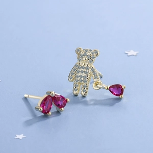 Asymmetric cute bear stud earrings with shiny crystals and red pear-cut heart gems
