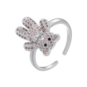 Close-up of cute silver bear ring featuring pink crystal pavé and adjustable open band