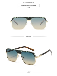 Detailed front and side views of pilot sunglasses with green tortoiseshell frames and lenses