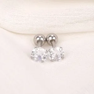 Boucles d'oreilles en acier poli avec oxydes de zirconium ronds et fermoir à vis