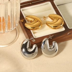 Hollow C-Shape Hoop Earrings Stainless Steel 18K Gold Plated Geometric Polished Chunky Minimalist Jewelry For Women