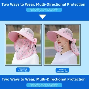 Detailed view of pink floral sun hat showing full face and neck protection coverage