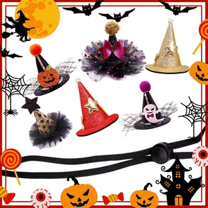 Detailed collection of Halloween pet hats featuring sequins, mesh, and festive pumpkin patterns