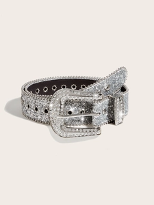 Close-up of sparkling silver rhinestone western belt with a large decorative metal buckle