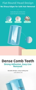 Detail view of the blue plastic double-sided flea comb with different teeth densities