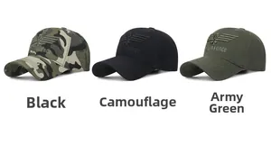 Détail de trois casquettes de baseball brodées AIRFORCE en camouflage, noir et vert armée