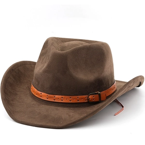 Western Cowboy Hat Vintage Faux Suede Wide Brim Fedora Jazz Hat With Punched Leather Band Metal Buckle For Men Women