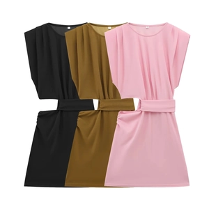 Damen Ärmelloses Mini Kleid Cut Out Elegant Polyester Falten Schulter Rundhals Einfarbig Schick Party Outfit