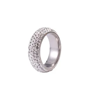 Titanium steel ring featuring five rows of shimmering white zircon stones for a luxury look