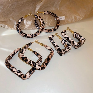 Detailed view of leopard print earring set featuring geometric circular and square shapes
