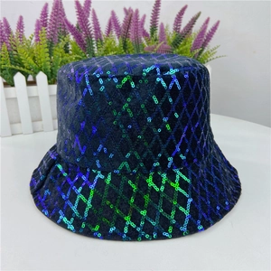 Close-up of glitter fisherman hat featuring gradient sequins and diamond lattice pattern
