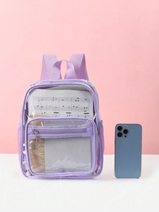 Detail view of purple transparent PVC backpack with mesh side pocket and phone for scale