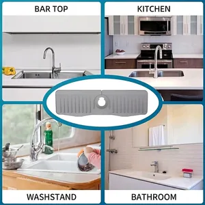 Gray silicone faucet splash guard for kitchen and bathroom sinks with drainage stripes