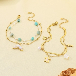 Double-layered stainless steel starfish and turtle anklets with turquoise beads and fishtail charm