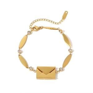 18K gold plated stainless steel envelope bracelet with cubic zirconia and extension chain