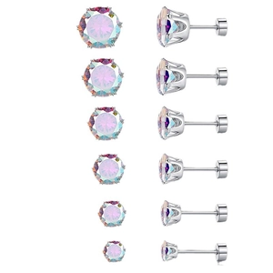 Six pairs of 18k gold plated titanium steel stud earrings with iridescent cubic zirconia
