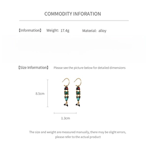 Detailed size guide for vintage fish enamel earrings showing 8.5cm height and weight specs