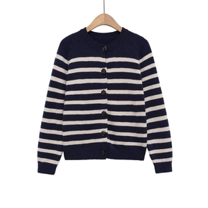 Women Striped Knit Cardigan Round Neck Long Sleeve Button Down Polyester Casual Sweater