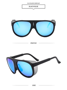 Detail view of black frame sunglasses with blue lenses and side wind protection structure