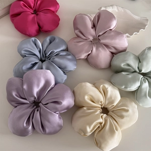 Set of 6 premium satin flower hair scrunchies in assorted pastel colors for women