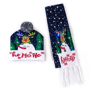 Detail showing LED Christmas knit hat and scarf set with reindeer and snowman patterns