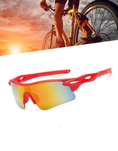 Detail of red cycling sunglasses with colorful mirrored lenses for outdoor sports