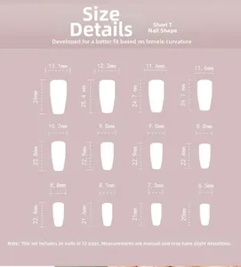 Size chart showing width and height for short coffin press-on nails in twelve dimensions