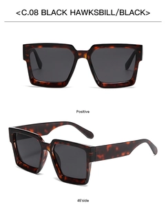 Front and side view of square tortoiseshell sunglasses with black hawksbill pattern