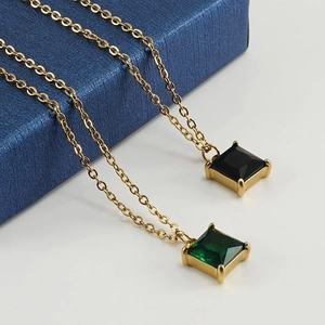 Minimalist 18K gold stainless steel square zircon necklace in black and green colors