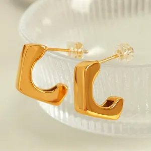 Minimalist 18K gold plated C-shape geometric earrings with mirror polished finish