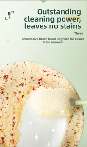 Close-up of the dense sponge fiber brush cleaning oil stains on a white ceramic plate