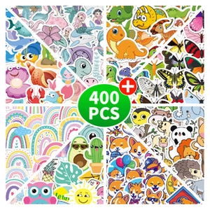 Close-up of 400 pieces waterproof PVC stickers showing assorted cartoon animals and nature