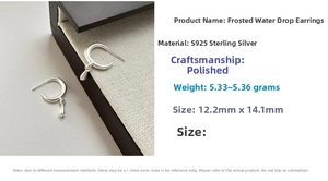 Detailed view showing S925 sterling silver matte water drop hoop earrings dimensions
