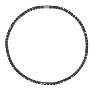 Detailed top view of 5mm black zircon tennis necklace with silver-tone metal clasp closure
