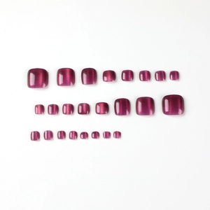 Cat eye press-on toenails in deep purple with magnetic gloss finish, 24 piece set