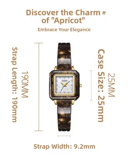 Maßangaben der rechteckigen Retro-Uhr mit bernsteinfarbenem Harzband und 25mm Goldgehäuse