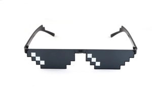 Detail of pixel sunglasses with black plastic frame and white graphic accents