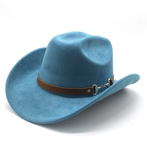 Close-up of blue suede cowboy hat with brown leather band and metal buckle detail