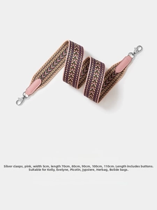 Pink woven wide bag strap with 5cm width and V-shape pattern featuring silver lobster clasps