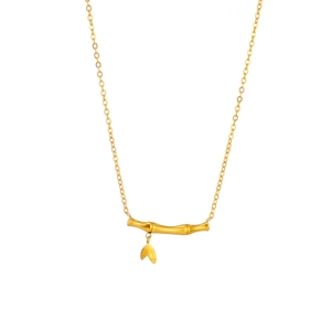 Elegant gold titanium steel necklace featuring bamboo joint pendant with delicate leaf charms