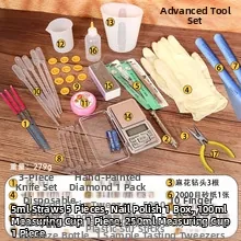 Detail view of a 17-piece DIY resin craft tool kit including scale and precision tools