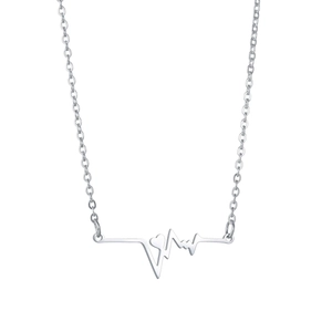 Polished stainless steel heartbeat pendant necklace with solid heart charm on thin O-chain