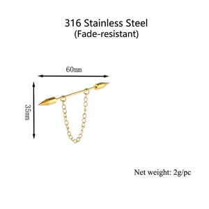 Industrial barbell earring in 316 stainless steel with gold hanging chain and spike ends