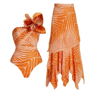 One-shoulder bikini set with tropical leaf print and asymmetric matching sarong skirt