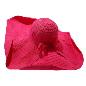 Fashionable rose red wide brim sun hat with contrast stripes and elegant bow decoration