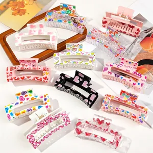 Chic Heart Print Hair Claw Clip Acrylic Rectangular Hollow Shark Clip Sweet Hair Accessories For Women