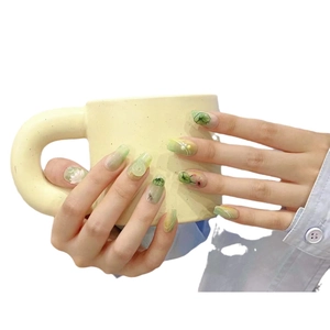 Handbemalte Lotus-Klebenägel mit grün-gelbem Farbverlauf und Perlenverzierung